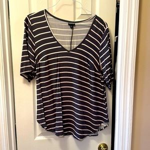 Torrid size 0 dress blouse in a grayish purple with light pink stripes.